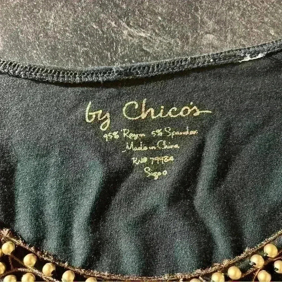 Chico’s womens embellished Beaded Mesh crew neck blouse short sleeve black sz 0 - Picture 3 of 8
